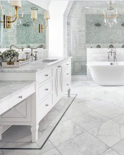 luxury bathroom white vanity tub tile floor
